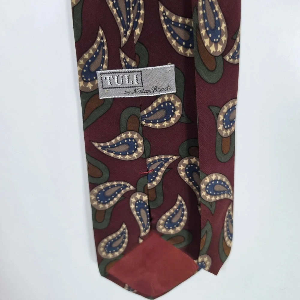 VTG Tuli by Natan Bradi 100% Silk Paisley Necktie Burgundy Green Mens‎ Tie USA
